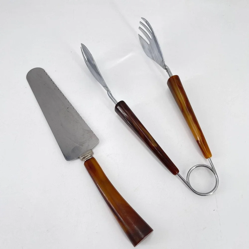 Vtg Bakelite Serving Set Cake Breaker Slicer Tongs faux tortoise shell